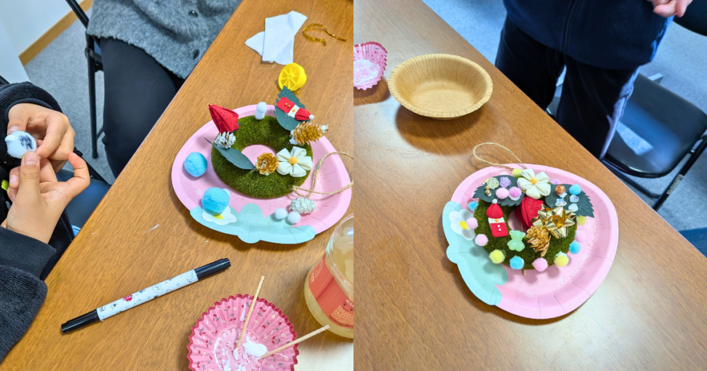 【ワークショップ実施報告】2025年12月14日（日）こびとの農園×にこにこ塾「イチゴの小さなクリスマスリース」 個性的なリースの出来上がり