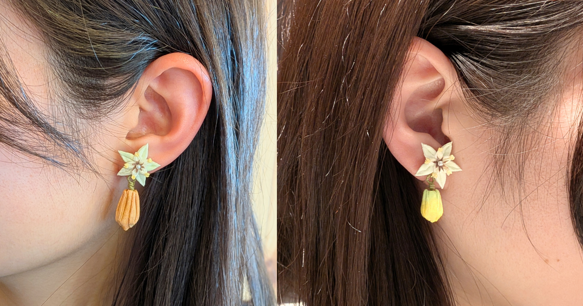 つまみ細工「カカオのピアス・イヤリング」着画