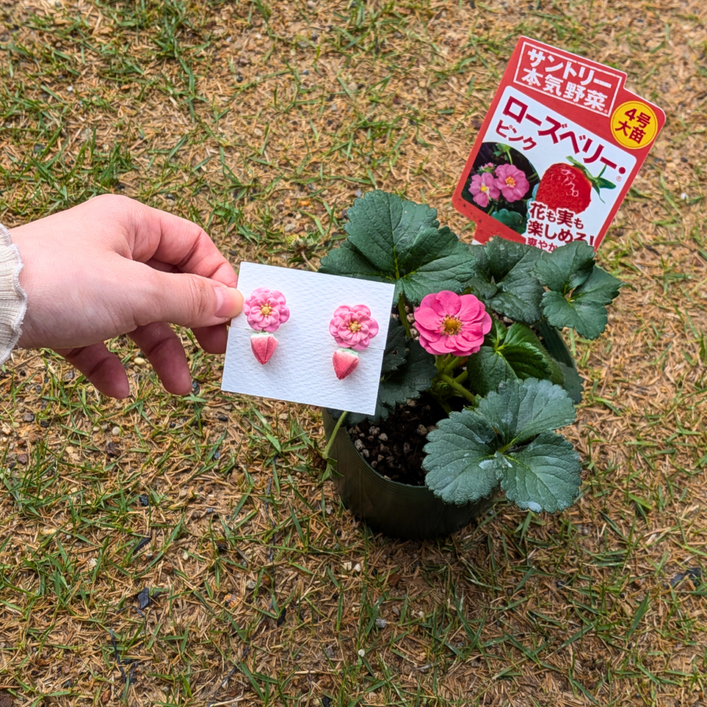 つまみ細工「ローズベリー®・ピンクの耳飾り」〜サントリーフラワーズ〜本物のお花と作品の写真