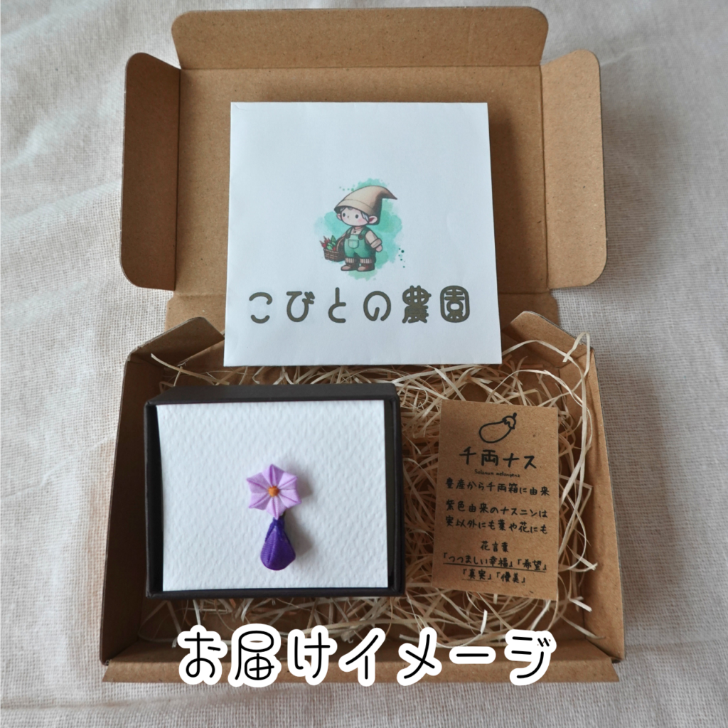 つまみ細工「千両ナスのピンバッジ」お届けイメージ
