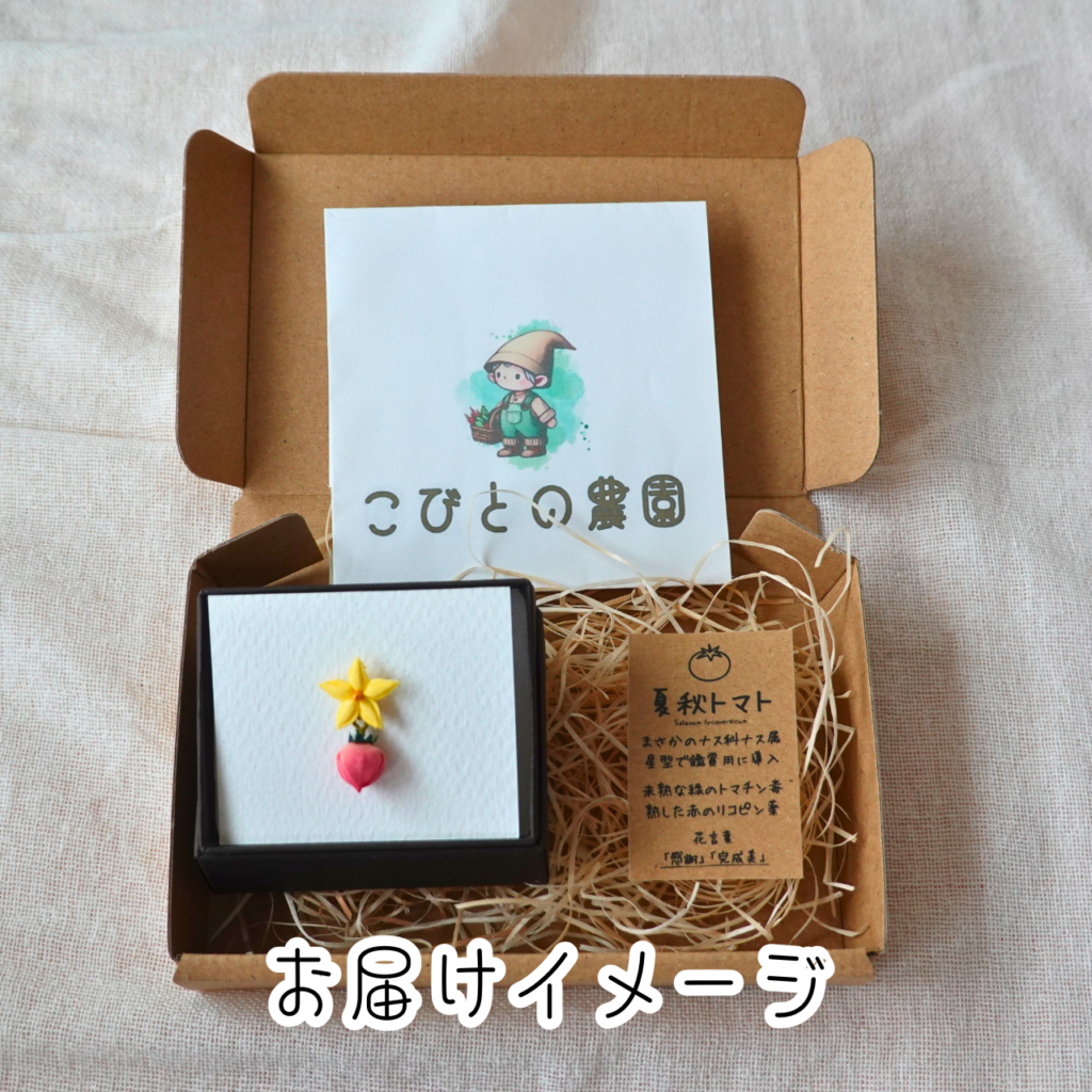 つまみ細工「トマトのピンバッジ」お届けイメージ