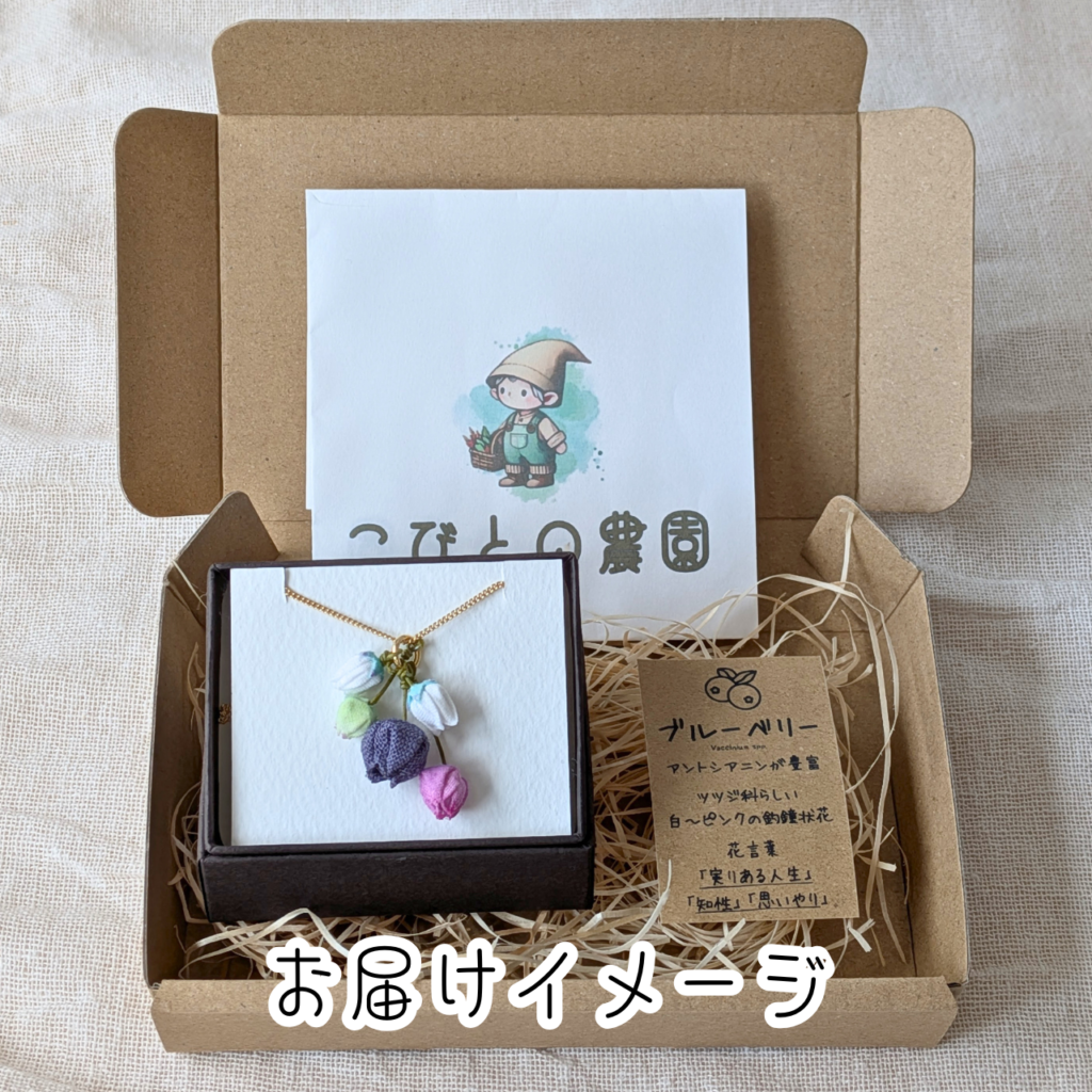 つまみ細工「ブルーベリーの実り移ろうネックレス」～『のこり染』コラボ～お届けイメージ