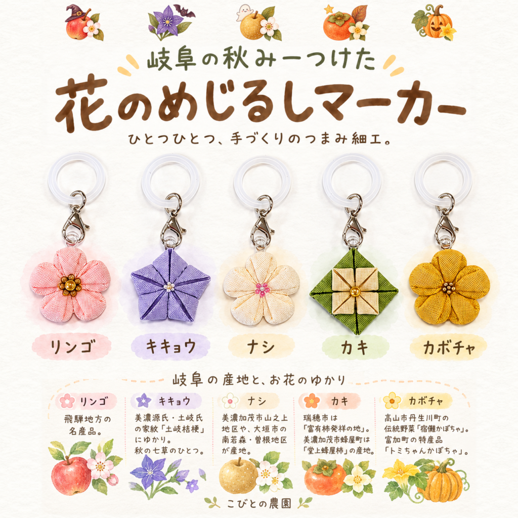 つまみ細工「岐阜の秋みーつけた 花のめじるしマーカー」全5種類セット