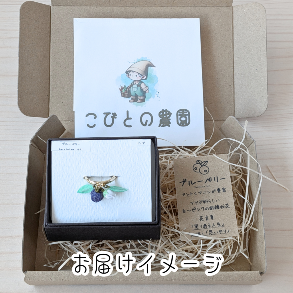 つまみ細工「ブルーベリーのリング」~『のこり染』コラボ~ (お届けイメージ)